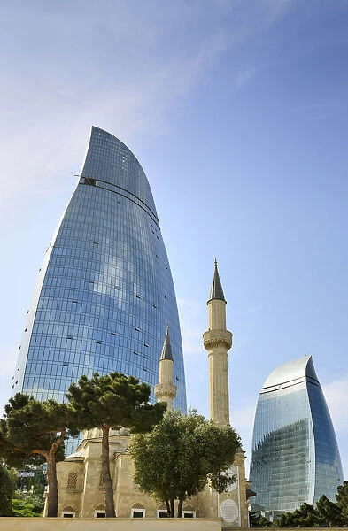 Sahidlar Xiyabani Mosque and the Flame Towers. Baku, Azerbaijan