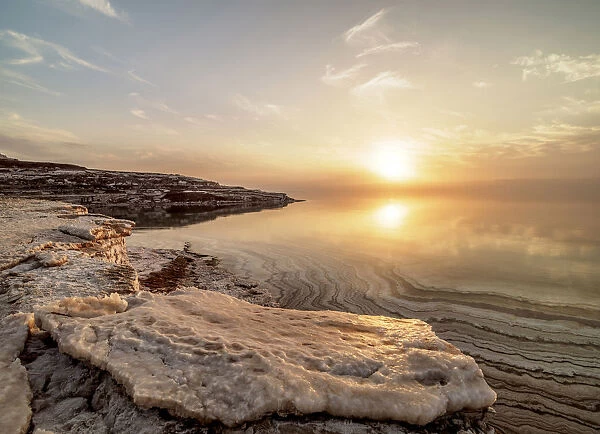 Salt Formations on the shore of the Dead Sea at sunset, Karak Governorate, Jordan
