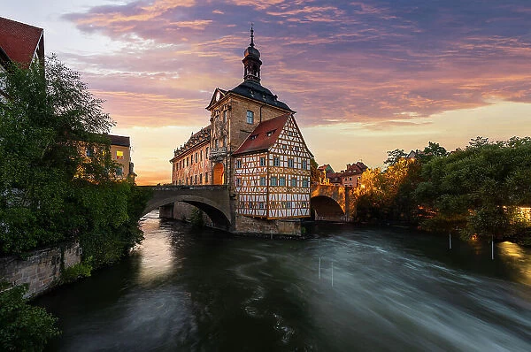 Sammlung Ludwing Rathaus illuminated at sunset, Bamberg, Bavaria, Upper Franconia, Germany, Deutschland, Western Europe