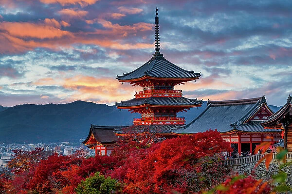 Sanjunoto pagoda of Kiyomizu-dera Temple at Sunset in Autumn, Higashiyama, Kyoto, Japan