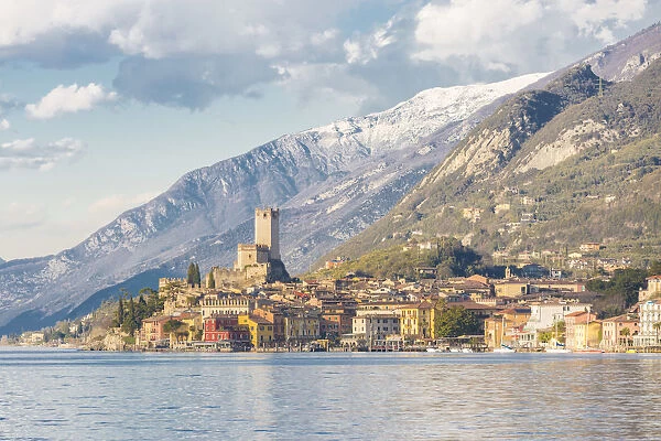 Scaliger castle of Malcesine viewed from the lakefront on the eastern shore of Lake Garda