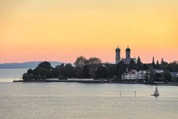 Schlosskirche at sunset, Friedrichshafen, Lake Constance, Baden-Wuerttemberg, Germany