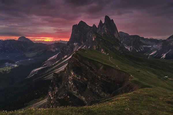 Seceda mountain range during a summer sunrise in Val Gardena, Dolomites, Italy