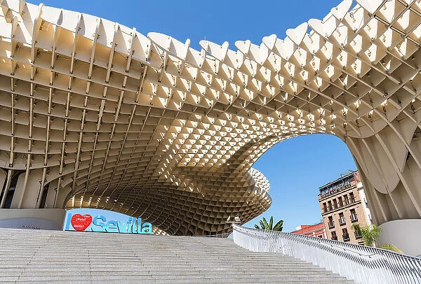 Setas de Sevilla (Mushrooms of Seville) or Las Setas (The Mushrooms), initially titled Metropol Parasol, a large, predominantly wooden structure in La Encarnacion square in the old quarter of Seville, Andalusia, Spain