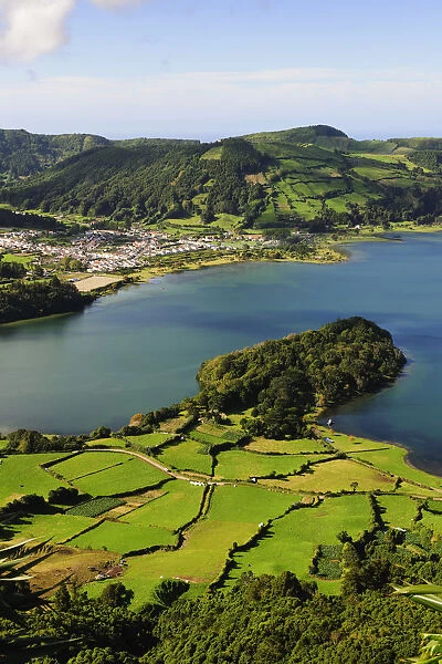 Sete Cidades volcanic lake and village. A big crater with 12 kilometers in perimeter