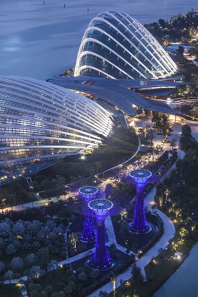 Singapore, elevated view of the Gardens By The Bay with the Indoor Botanical Gardens