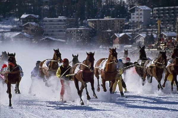 Skijoring (Skiing behind a galloping horse) on the frozen lakee at St Moritz