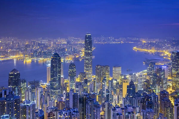 Skyscrapers in central Hong Kong seen from The Peak at dawn, Hong Kong Island, Hong Kong