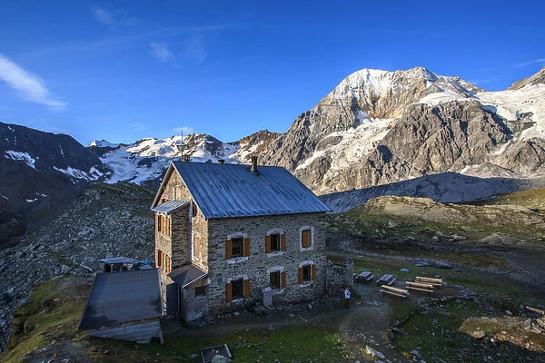 Solden valley, Coston hutte, in the background Zebru high peak at Zebru mountain, Trentino Alto Adige, Italy