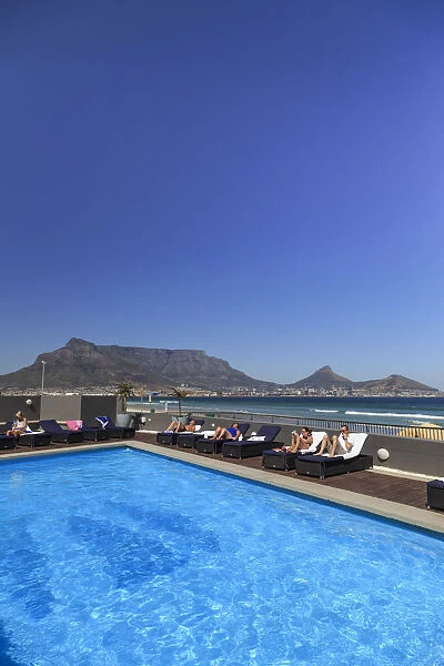 South Africa, Western Cape, Cape Town, Hotel Pool and view of Table Mountain