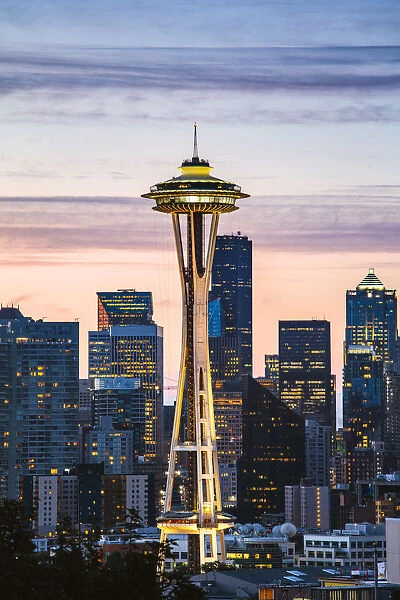 The Space Needle and skyline at dawn, Seattle, Washington, USA
