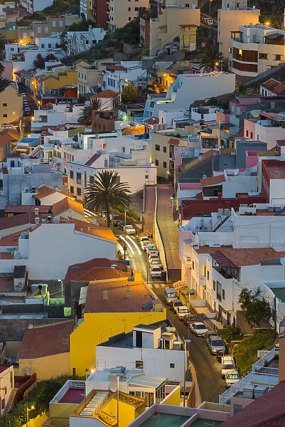 Spain, Canary Islands, La Gomera, San Sebastian de la Gomera, elevated town view, dusk