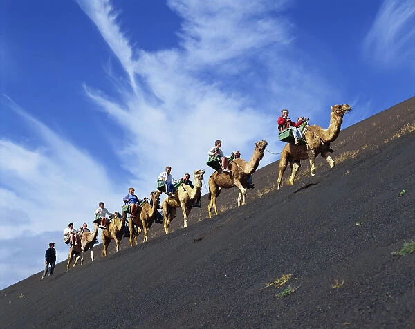 Spain, Canary Islands, Lanzarote, Timanfaya National Park, Tourists Camel Riding