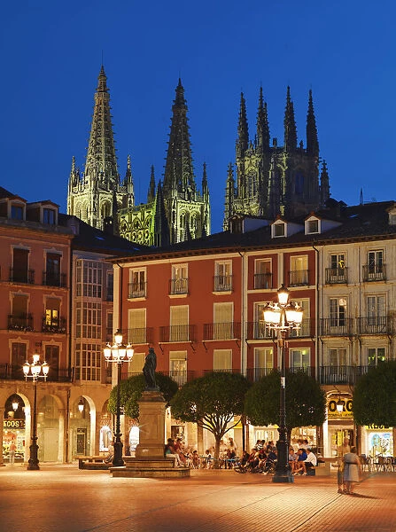 Spain, Castile and Leon, Burgos, Plaza Mayor square and Saint Mary of Burgos cathedral