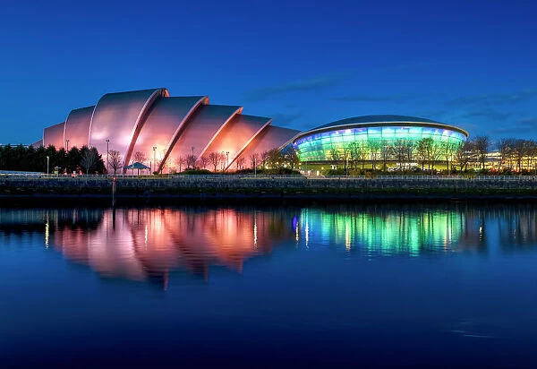 The SSE Hydro & The Clyde Auditorium Reflecting in the River Clyde, Glasgow, Scotland
