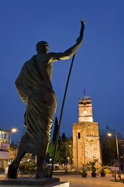 Statue of Ataturk in front of the Clocktower and Tekeli Memet Pasa Mosque, Kaleici