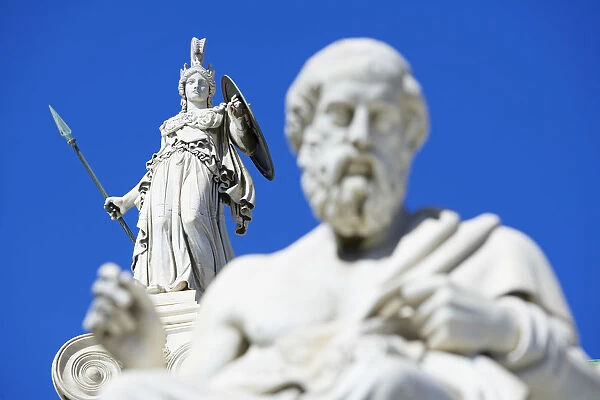 Statues of Socrates and Athena outside Academy of Athens, Athens, Greece