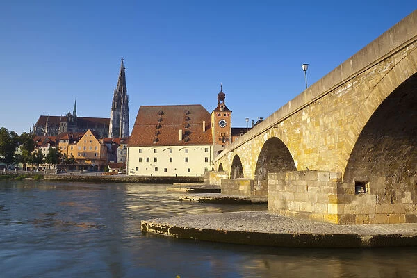 The Stone Bridge, St. Peters Cathedral and River Danube, Regensburg, Germany