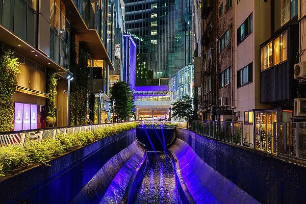 Summer night in Tokyo, Japan. Illuminated view of Shibuya river