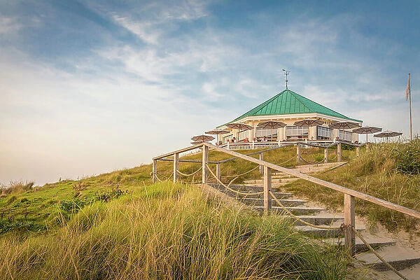 Traditional Cafe Marienhoehe on the western beach of Norderney at sunset, East Frisian Islands, East Frisia, Lower Saxony, Germany
