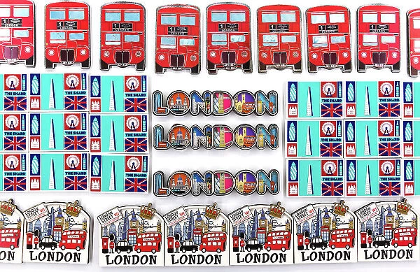 Traditional fridge magnets of London icons sold in a souvenir shop, London, England