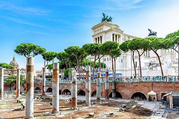 Trajan's Forum in Ancient Rome with Altare Della Patria or Vittoriano on background, Rome, Italy