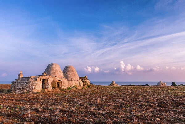 Trulli during the sunrise in a dry field with the sea on the background, Polignano a Mare