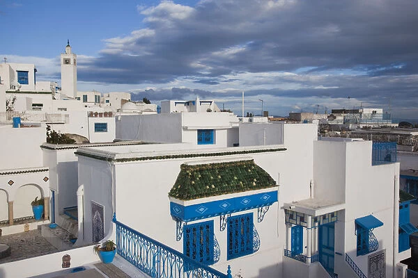 Tunisia, Sidi Bou Said, elevated town view