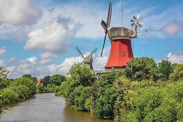 Twin windmills near Greetsiel, East Frisia, Lower Saxony, Germany