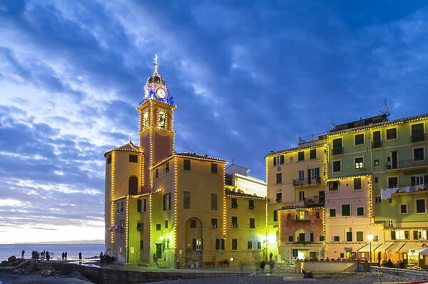 Typical colored houses with light decoration. Camogli, Liguria, Italy