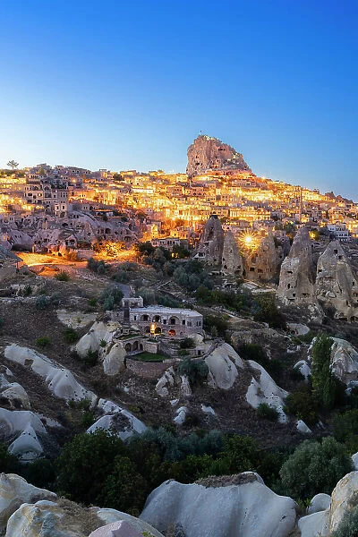 Uchisar Castle and Pigeon Valley at twilight, Uchisar, Goreme Historical National Park, Nevsehir District, Nevsehir Province, UNESCO, Cappadocia, Central Anatolia Region, Turkey