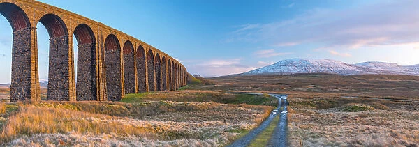 UK, England, North Yorkshire, Ribblehead Viaduct and Ingleborough mountain, one of