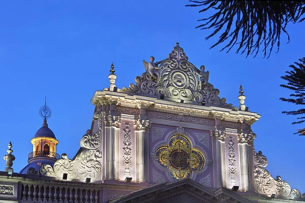 The upper part of the Salta Cathedral in Andean Baroque style architecture at twilight, Salta Historical Cask, Argentina