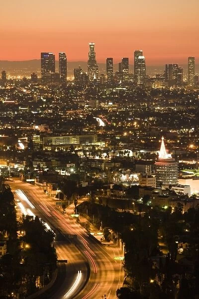 USA, California, Los Angeles, Downtown and Hollywood Freeway 101 from Hollywood Bowl Overlook