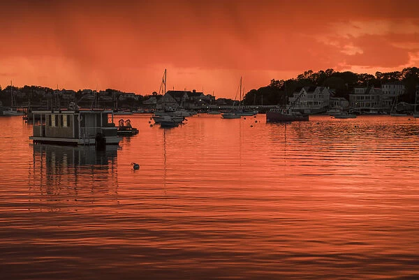 USA, Massachusetts, Cape Ann, Annisquam, Annisquam Harbor, orange sunset