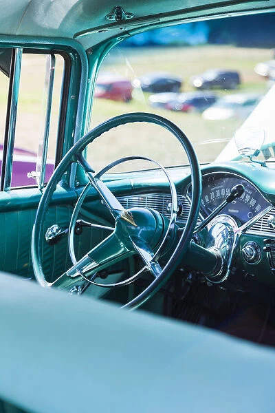 USA, Massachusetts, Cape Ann, Gloucester, antique car show, 1950s Chevrolet interior