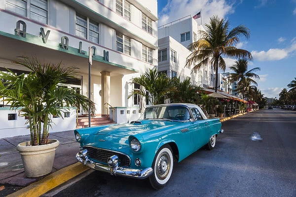 USA, Miami Beach, South Beach, Ocean Drive, Avalon Hotel and 1957 Thunderbird car