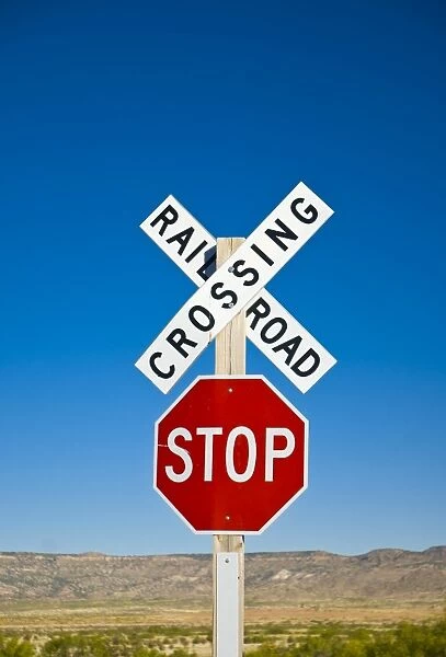 USA, New Mexico, Route 66, near Montoya, Railroad Crossing and sign