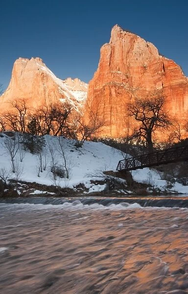 USA, Utah, Zion National Park, Mountain Sunrise by the North Fork Virgin River. winter