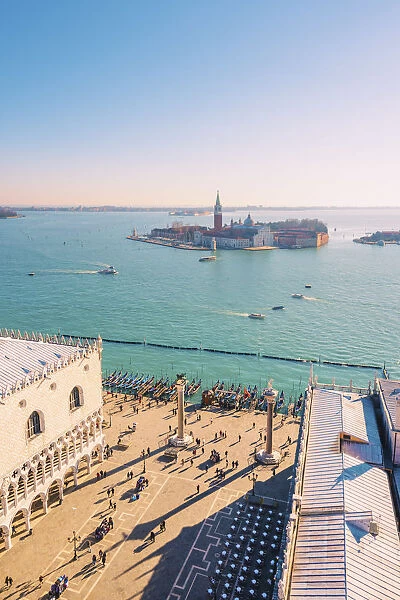 Venice, Veneto, Italy. High angle view over Piazzetta San Marco and San Giorgio Maggiore