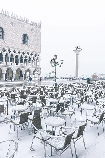 Venice, Veneto, Italy. Piazzetta San Marco and Doges palace with snow