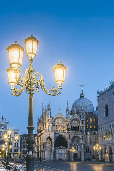 Venice, Veneto, Italy. St Marks Basilica at dusk from Piazzzetta San Marco