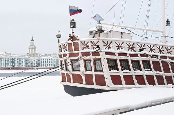 Vessel on the Neva River with The Kunstkammer museum in the background, Saint Petersburg