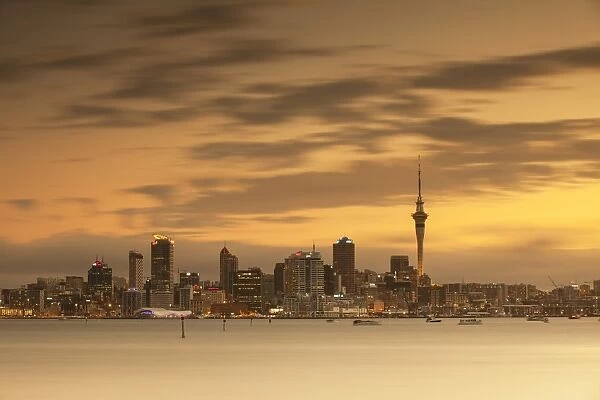 View of Auckland skyline at dusk, Auckland, North Island, New Zealand