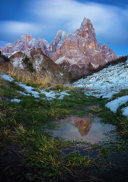 A view of Cimon della Pala from Cavallazza at twilight, Passo Rolle, Trento, Trentino Alto Adige, Italy, Southern Europe