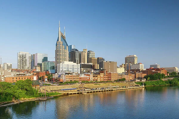 View of the city skyline over the Cumberland River, Nashville Tennessee, USA