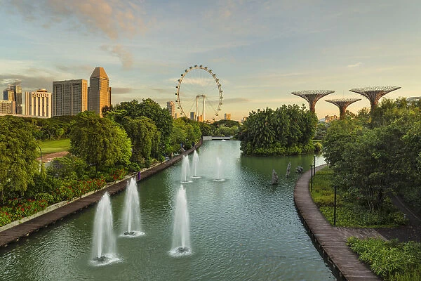 View from Dragonfly Lake to Singapore Flyer at sunrise, Gardens by the Bay