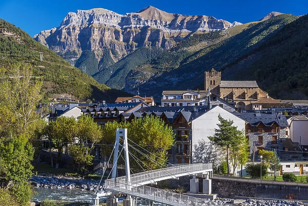 View over mountain village of Broto in province of Huesca, Aragon, Spain