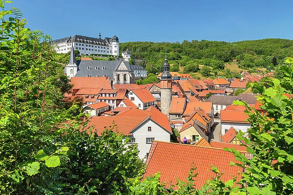 View over Stolberg with St.Martini church, Saigerturm tower and castle, Harz, Saxony-Anhalt, Germany