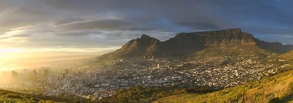 View of Table Mountain and City Bowl at dawn, Cape Town, Western Cape, South Africa